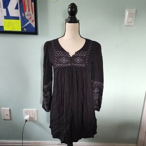 Monoreno Black Embroidered Long Sleeve Boho Hippie Tunic Dress